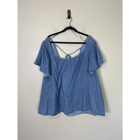 Old Navy Womens Flutter Sleeve Jean Blouse Top Size 4X New Flowy Tie Back Denim - Picture 2 of 9